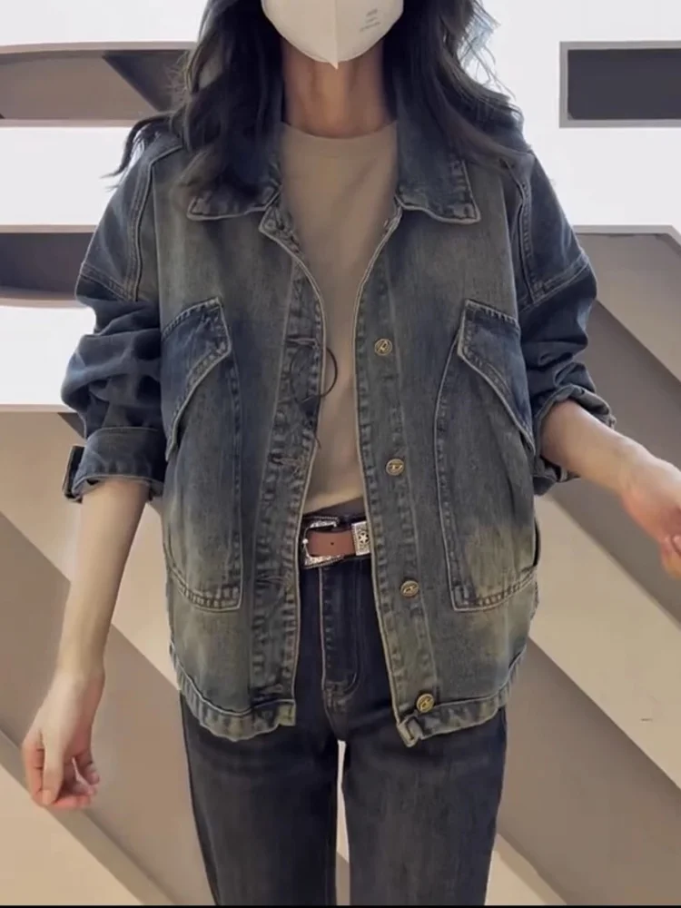 Retro Design Casual Collar Short Denim Jacket Loose Fashionable Autumn New Style Women's Commute Windbreaker Breathable