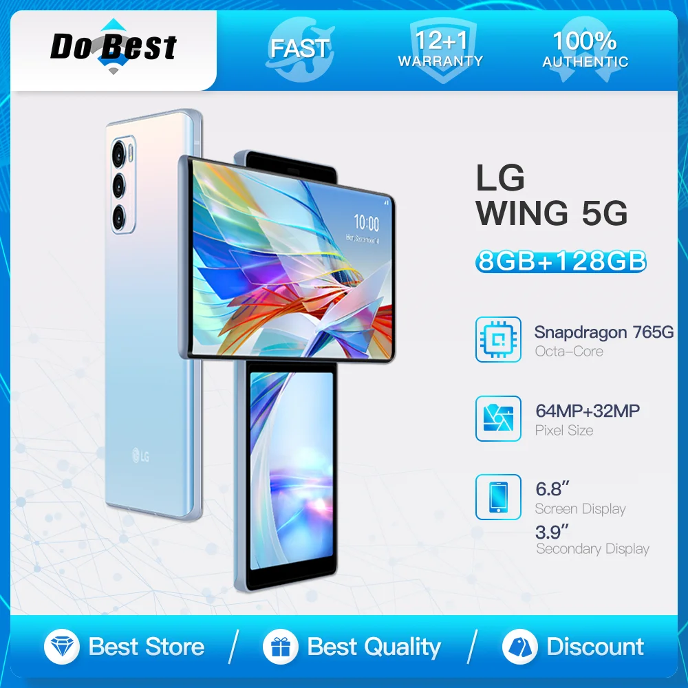 Original LG Wing LMF100N LMF100VM 5G teléfono móvil 8GB RAM 128GB/256GB ROM 6,8 pulgadas SIM simple/doble Octa Core teléfono móvil Android