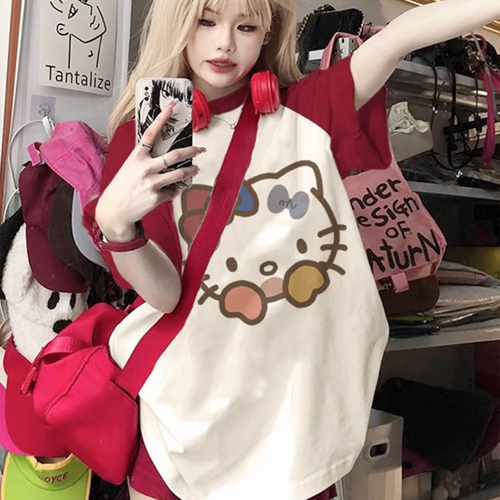 Camiseta de manga corta de Hello Kitty para niñas, camiseta de Anime Kawaii para estudiantes, Tops de ocio sueltos, tendencia de moda, lindo Sanrio de dibujos animados, Verano