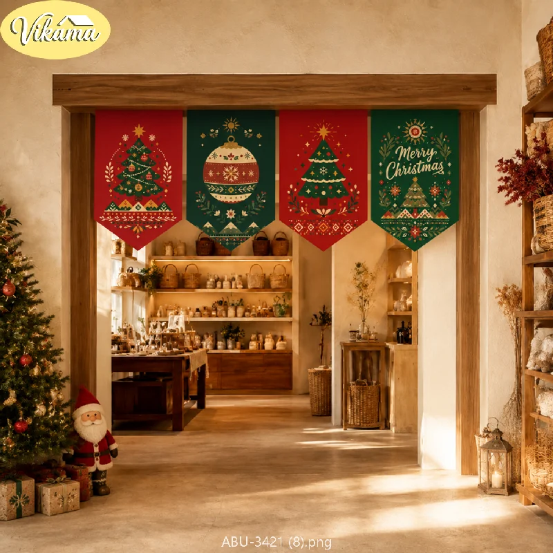VIKAMA Christmas Nordic Folk Merry Xmas Pennant Flag Set Pine Bauble Scarlet Emerald Vintage Rustic Doorway Hanging Kitchen Soft