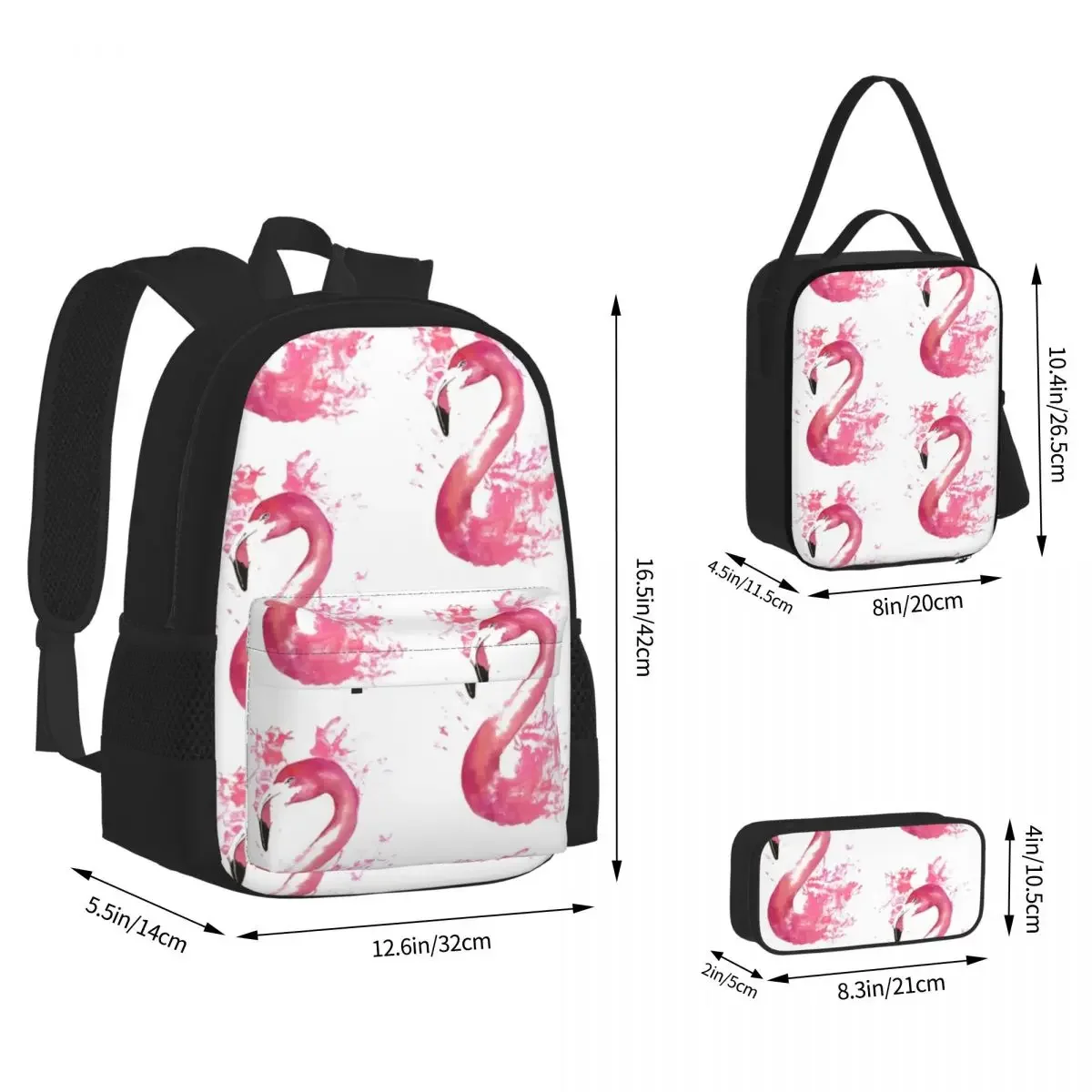 Pink Flamingo Watercolour Splash Artwork Backpacks Bookbag Children School Bags Rucksack Lunch Bag Pen Bag Three-Piece Set