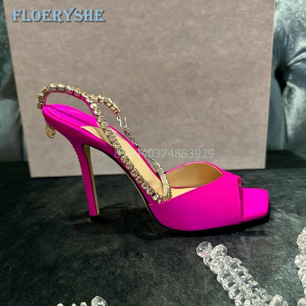 Rhinestone Straps Sexy Sandals Satin Shallow Buckle Strap Square Toe Thin Heel Luxury 2024 New Arrival Solid Sliver Blue Pink