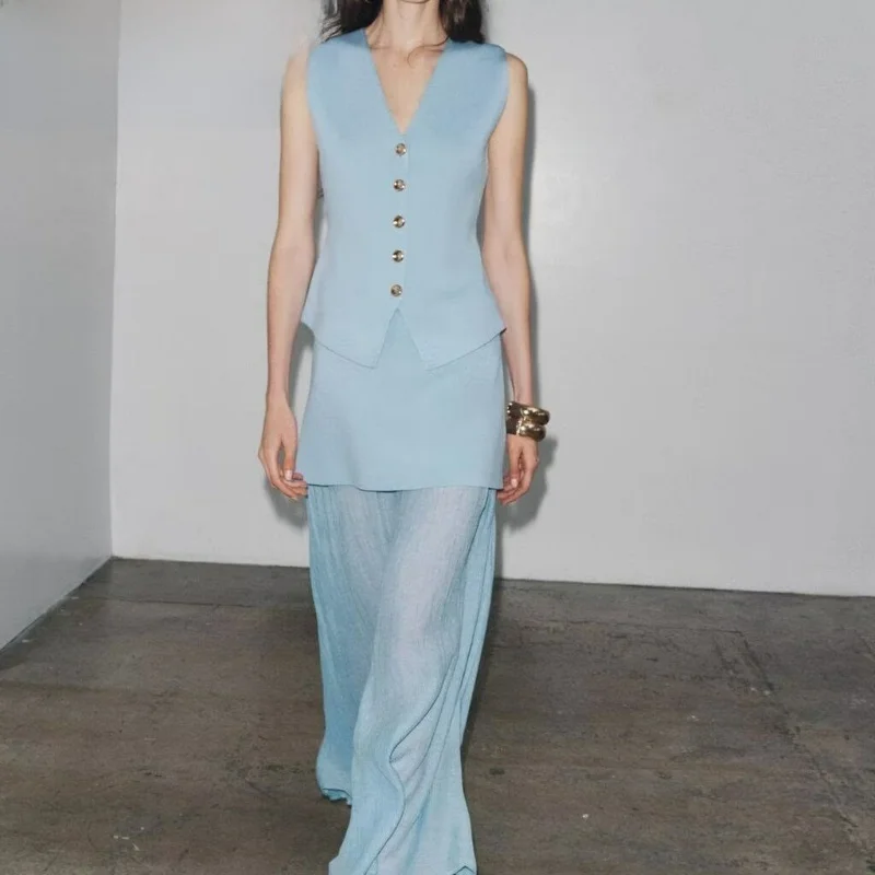 

Юбка-миди с высокой талией ZA2025, новая летняя женская универсальная вязаная плиссированная юбка трапециевидной формы, облегающая юбка для поездок на работу