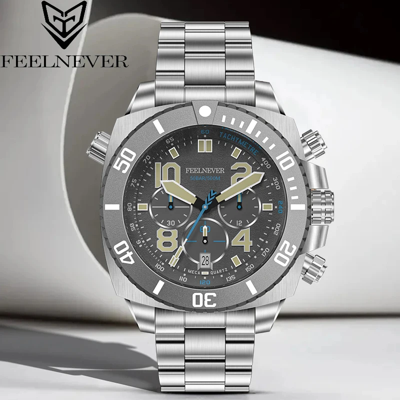 FEELNEVER 50Bar Diving Men Quartz Watch Luxury 316L Stainless Steel Sapphire Waterproof Wristwatch 3C AR Coating Watch For Men