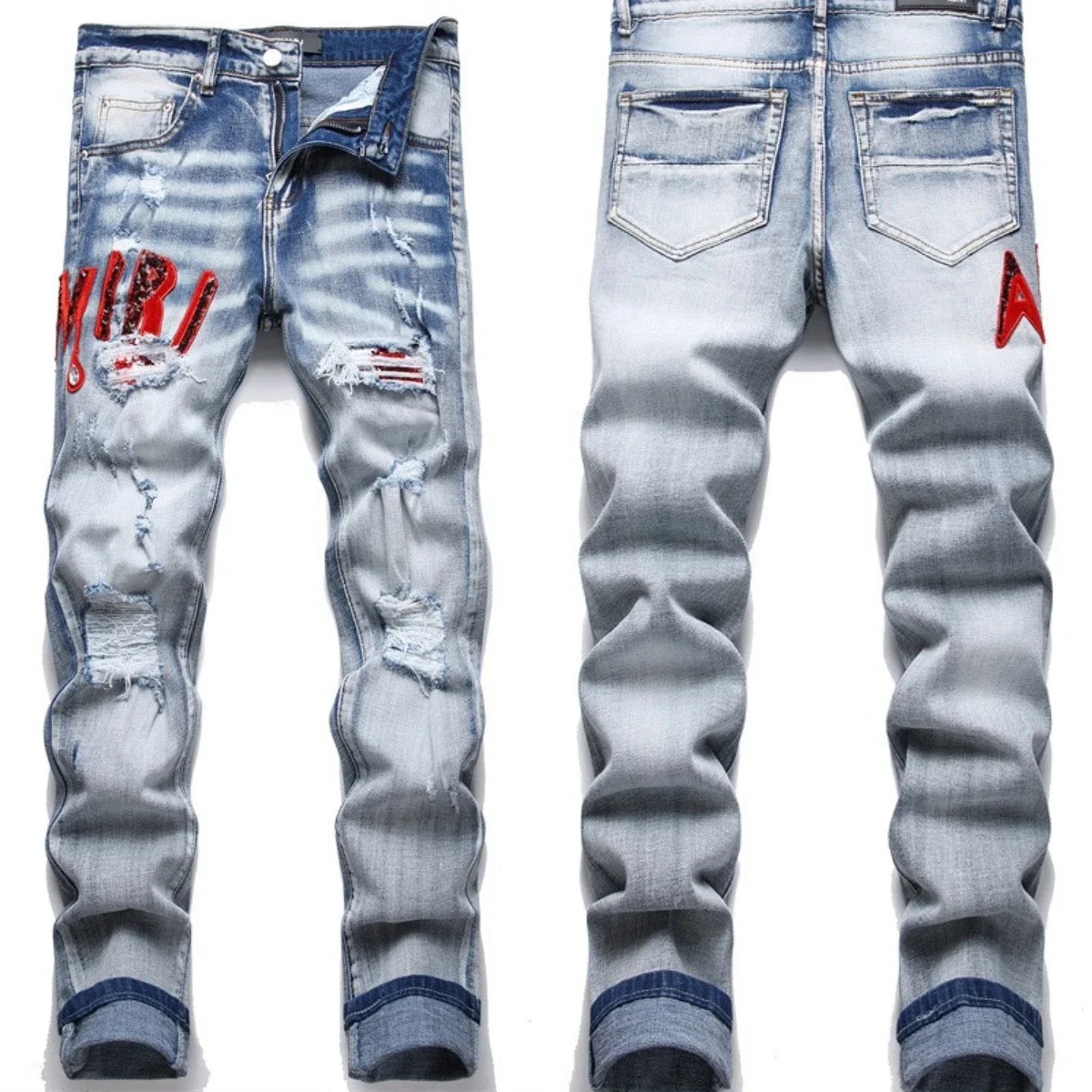 Calça jeans masculina bordada à mão, padrão de estilo nacional, personalidade algodão, calças finas elásticas altas, 3D High Street Wash Hole, caveira 4