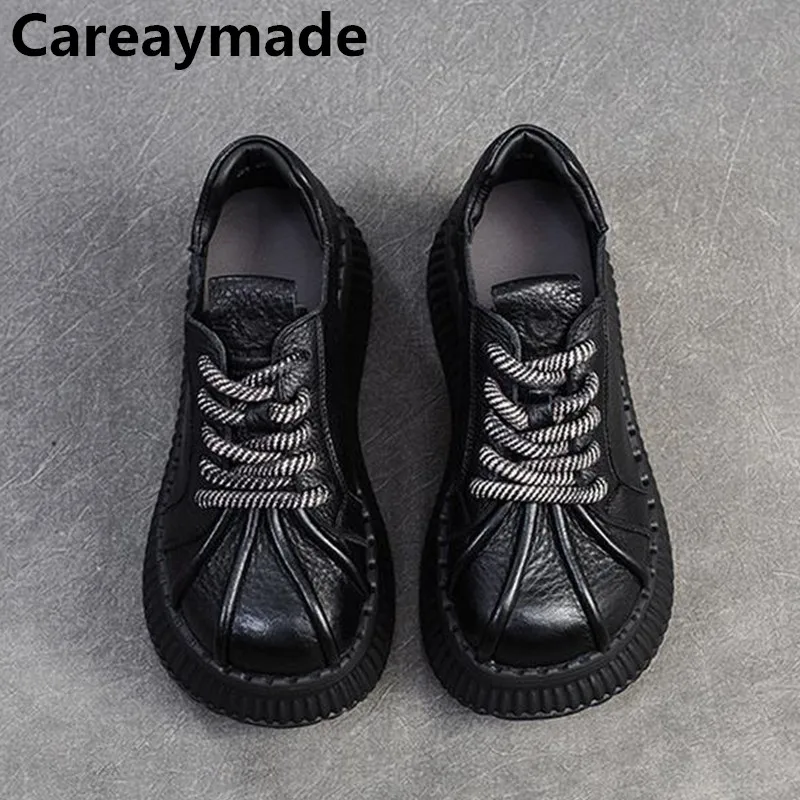 

Careaymade-Genuine Leather wide toe women's shoes,new thick soled casual single shoes,soft sole height increasing lace up shoes