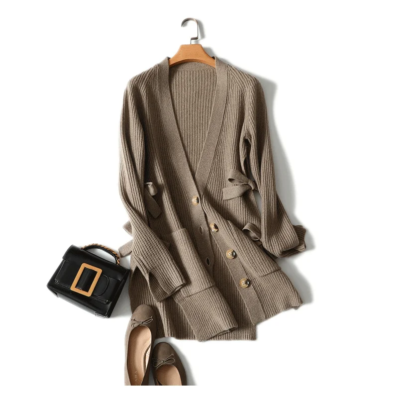 masigoch winter deep v neck ribbed knitted fashion outerwear luxury 100% cashmere bowknot cardigan coat