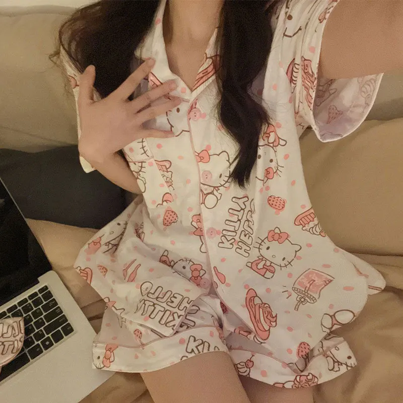 

Sanrio Fashion Pure Cotton Pajamas Spring and Summer New Korean Edition Short Sleeve Cartoon Cute Sweet Home Clothes