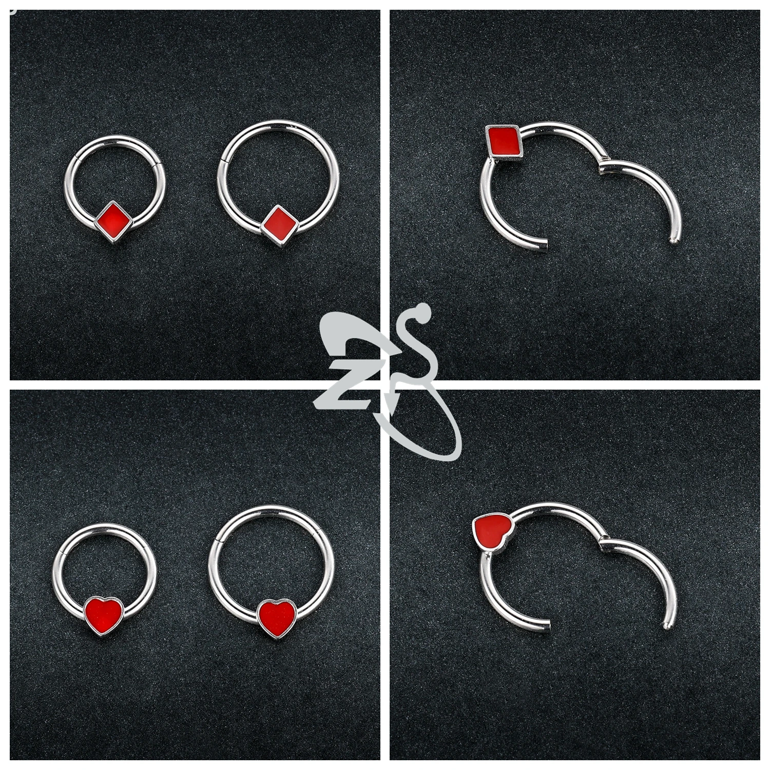 ZS 1 Buah 16G Cincin Hidung Tapal Kuda Baja Tahan Karat untuk Wanita Pria Pola Poker Kancing Hidung Bulat Perhiasan Tindik Lubang Hidung 8MM/10MM