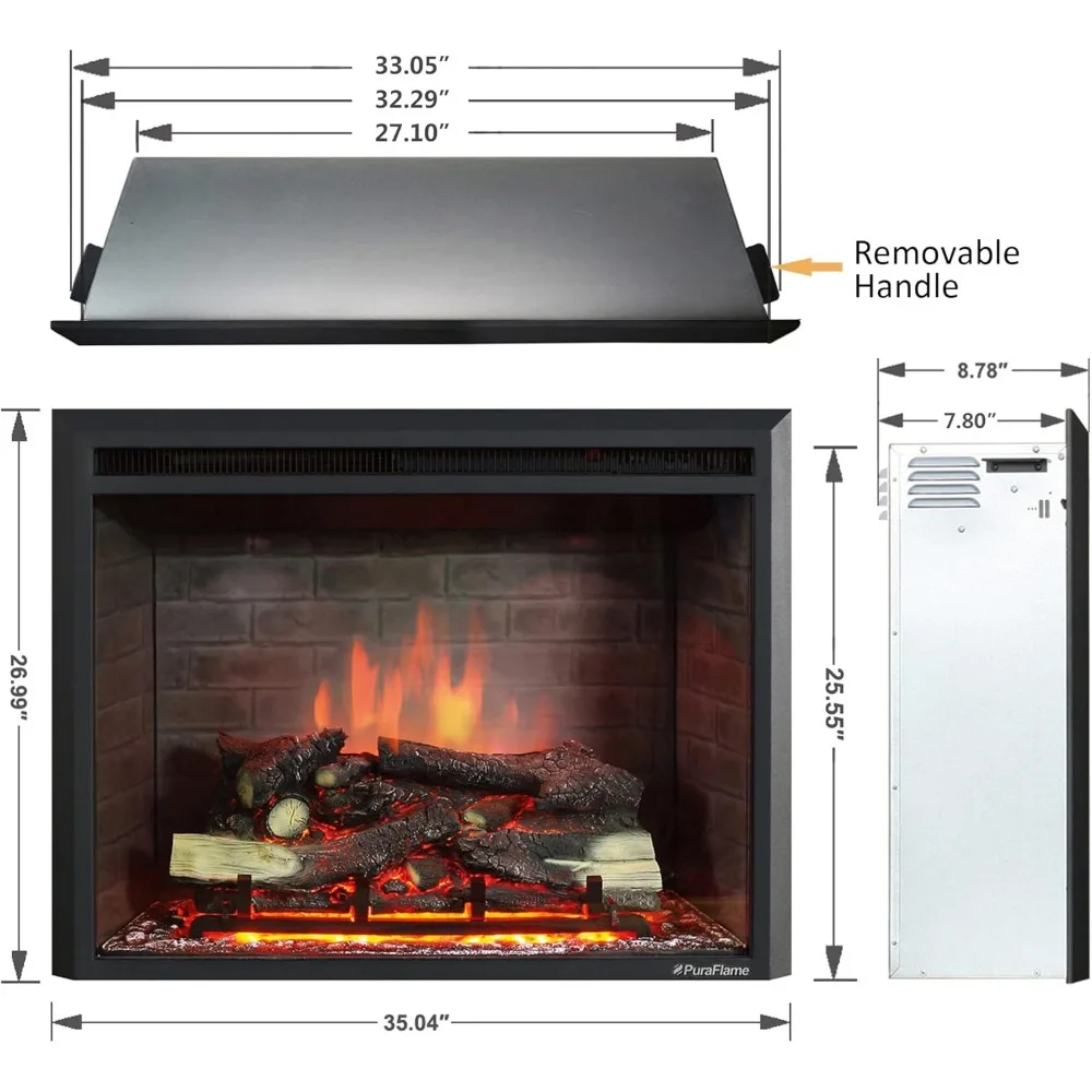 Electric Fireplace Insert with Fire Crackling Sound, Remote Control, 750/1500W, Black, 33 1/16 Inches Wide, 25 9/16 Inches High