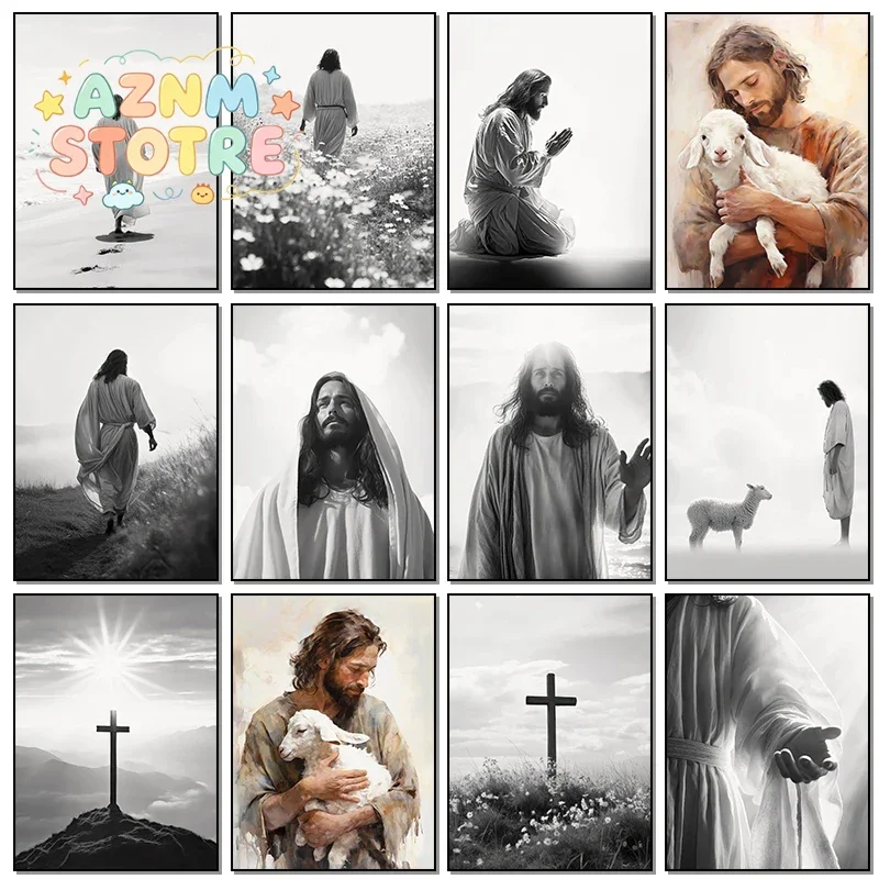 (2D canvas painting)  Black and White Jesus Faith Cross on Hill Poster Print Canvas Painting Modern Religious Wall Art HD Pic