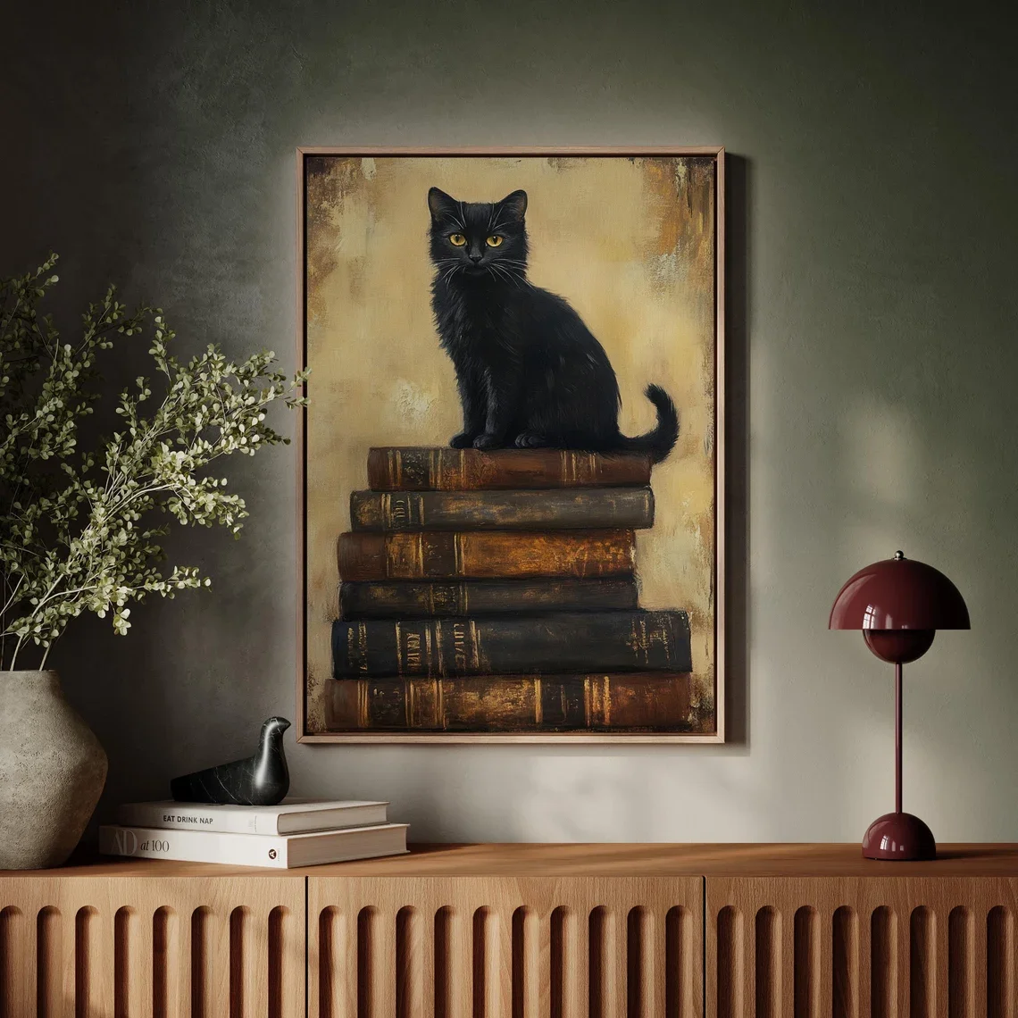 Black Cat on Vintage Book Stack Oil Painting - Gothic Dark Academia Canvas Wall Art for Book and Accent, Peaceful Bedroom Wall D