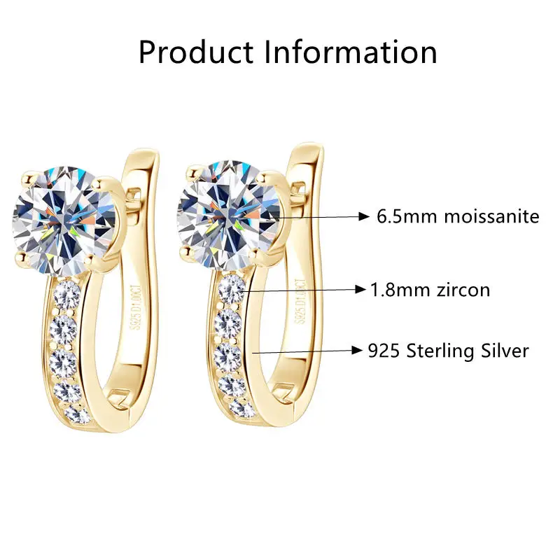 Lnngy 925 Sterling Silver Classic U Shape Hoop Earrings Sparkling Round 6.5mm Moissanite Earring For Women Anti-allergy Jewelry