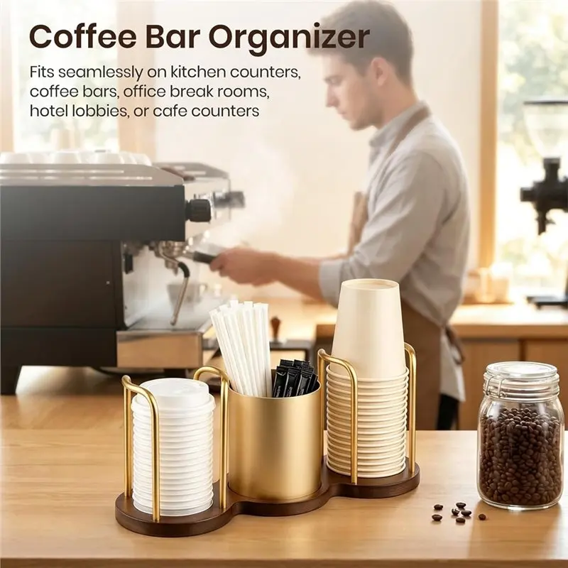 ABMR-Coffee Cup Dispenser With Straw & Stirrer Holder, Wooden Base Multi-Slot Organizer For Home Kitchen Office