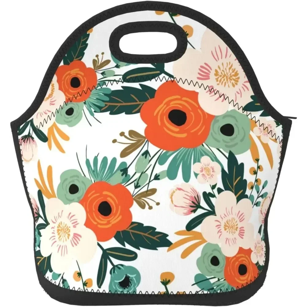 

Orange Flowers Neoprene Lunch Bag, Insulated Lunch Box for Women, Reusable Lunch Tote Bags with Zipper for Work School Picnic