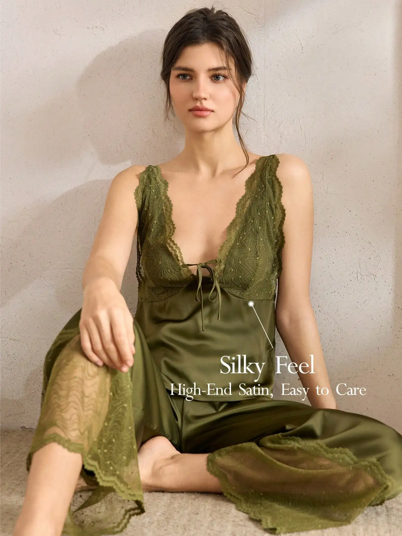 

Olive Green Lace Trim Satin Camisole & Pants Pajama Set for Women