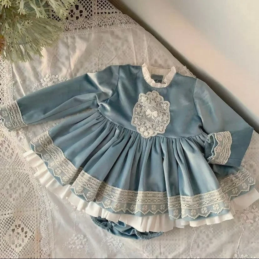 

0-8Y Baby Girl Autumn Winter Blue Velvet Vintage Princess Dress for Birthday Photography Holiday Eid Christmas C333