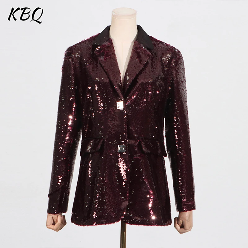 

KBsolid Spliced Sequins Temperament Chic Jackets for Women Notched Collar Long Sleeve Patchwork Button Blazer Coat Female New