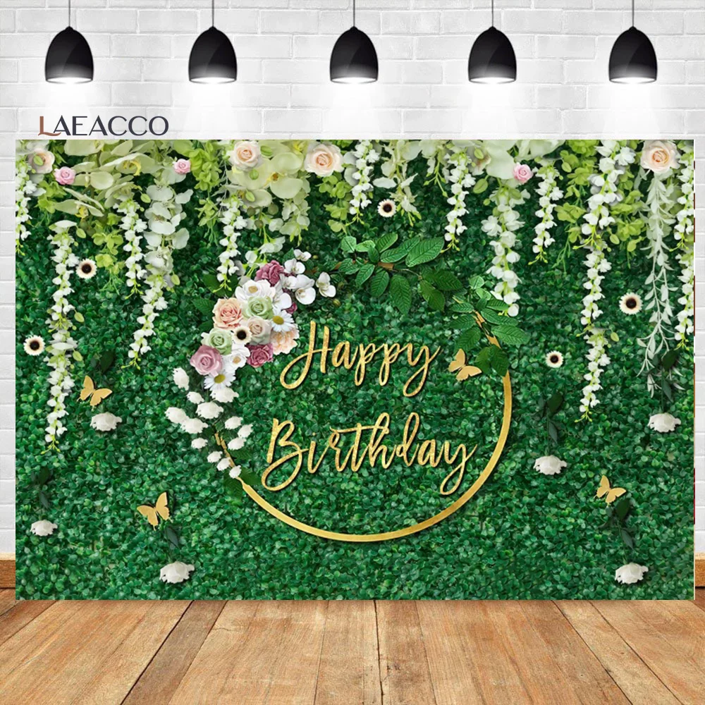 

Laeacco Nature Green Grass Wall Happy Birthday Backdrop Flowers Gold Ring Butterfly Girls Women Portrait Photography Background