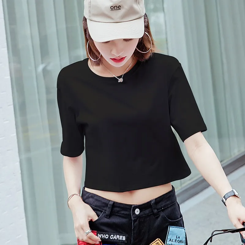 ファイオナブル レディース ルーズ ラウンドネック コットン Tシャツ へそ出し カラーベース シャツ スイート スタイル 春夏