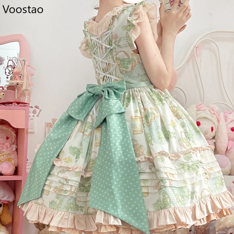 Robe Lolita Japonaise Douce pour Femme, Tenue de Princesse de Style Pastoral Victorien, à Volants, Imprimé Raisin Vert, avec Nministériels d, Tenue de Soirée