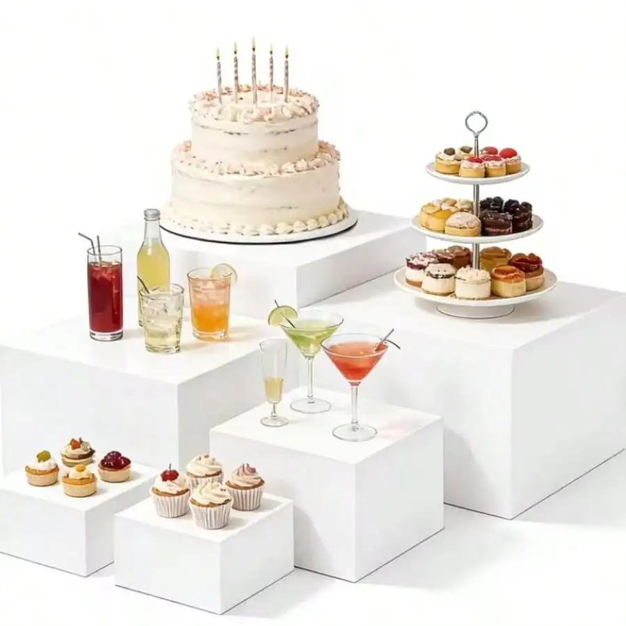 6 White Cube Dessert Stands | 5-Sided Display Trays - Festive Cake Holder For Party/Wedding/Christmas