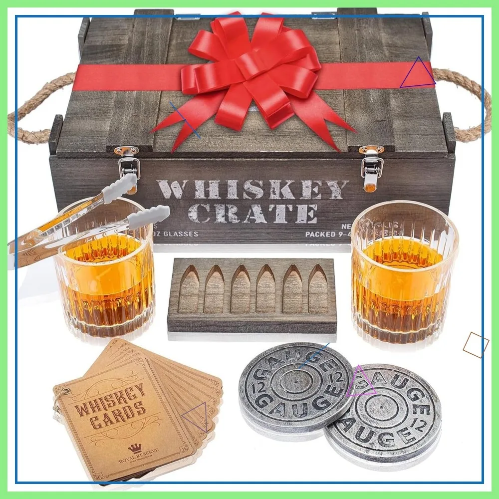 

Bullet Whiskey Stones Gift Set with Bourbon Glasses and Wooden Crate - Perfect for Men, Dad, Husband