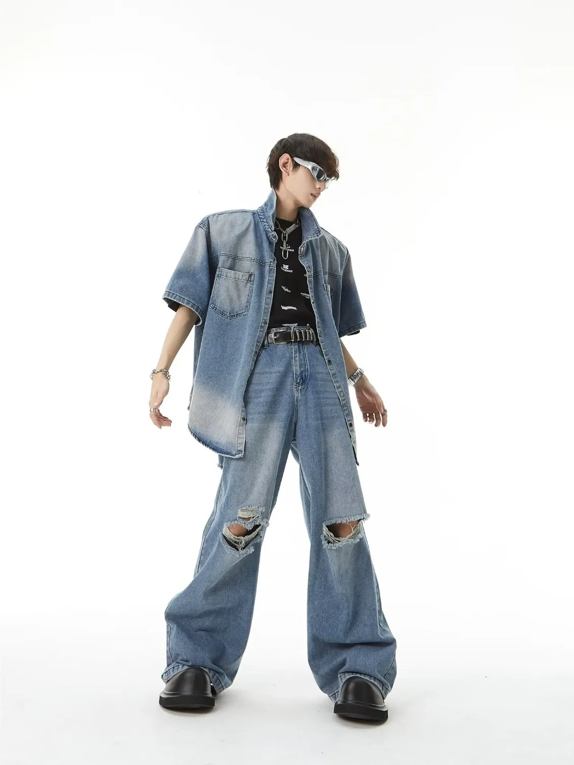 

American Retro Men's Denim ort Sve irt And Wide Leg Pants Set Summer Faion Casual Wear for Teenagers
