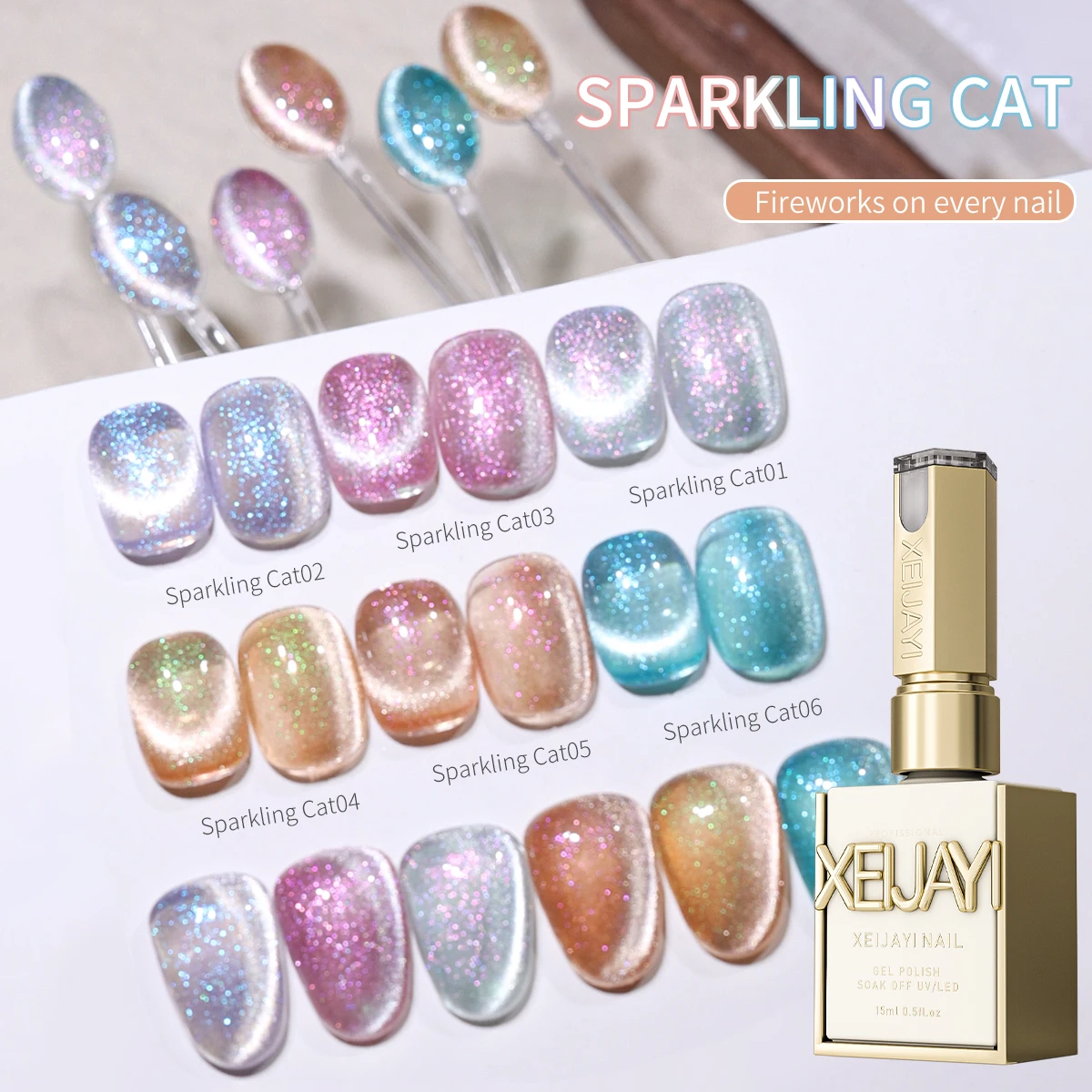 XEIJAYI 6pcs 15ml Sparkling Cat Eye Nail Gel Polish Set, Semi Permanent Nail Art Soaking UV LED Nail Salon DIY Nail Salon Gel