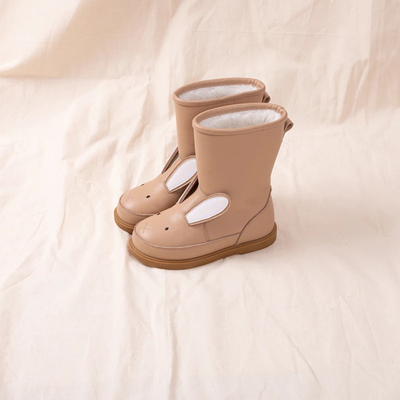 Botas de piel auténtica para niñas pequeñas, botas de nieve de invierno, zapatos informales de princesa de oso bonito, zapatos escolares cálidos