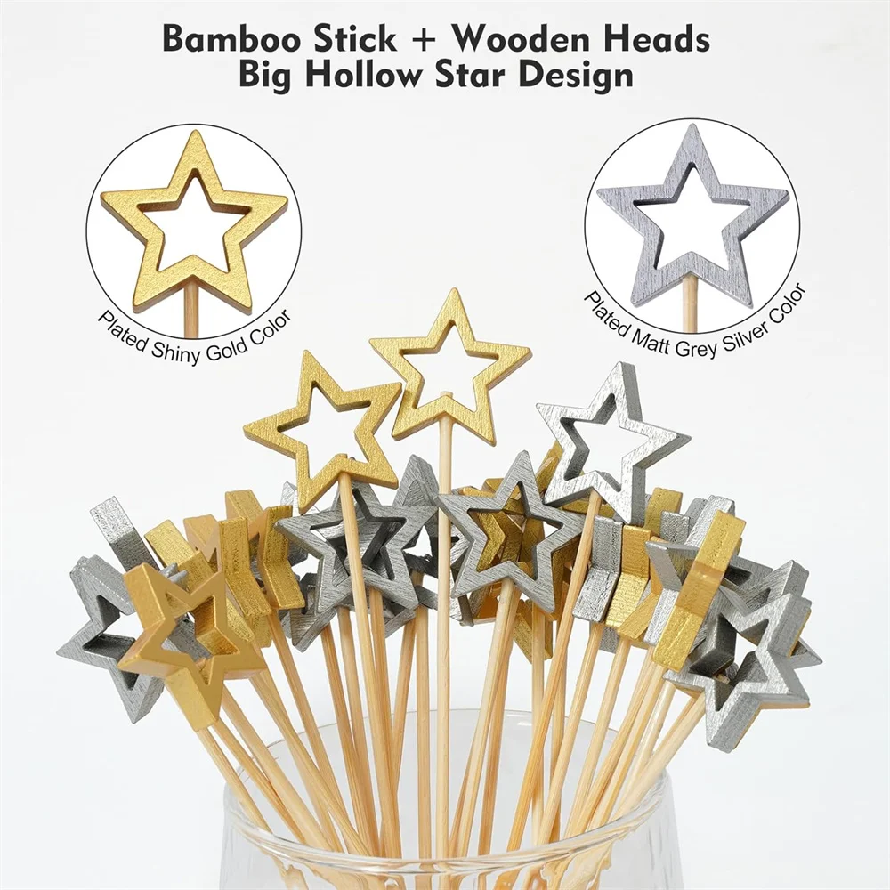 50Pcs Star Disposable Bamboo Skewers Food Cocktail Picks Buffet Fruit Cupcake Fork Sticks Party Table Decoration Supplies