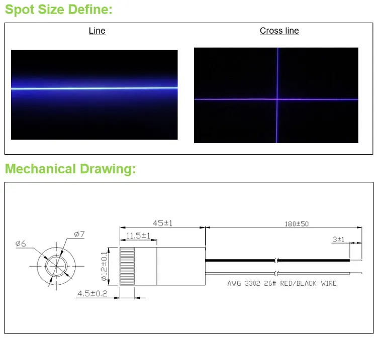 D12x45mm Focusable 405nm 1mW--100mW Violet Blue Line/Cross Line Laser Module 3V 5V DC Industrial Grade (line Fan Angle 5°~110°)