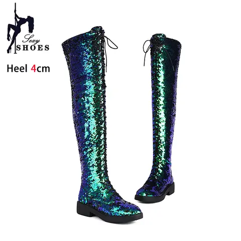 Lowheel Boots For Women Autumn Winter Thick Heels Over-knee-high Boots Shiny Sequined Club Dance Shoes Lace Up Thigh High Boots