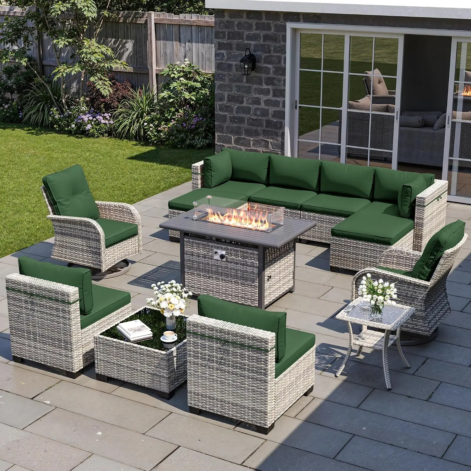13-Piece Patio Furniture Set, Outdoor Patio Furniture with Swivel Chairs Set, Ottomans, 55,000 BTU Fire Pit Table,, Customized