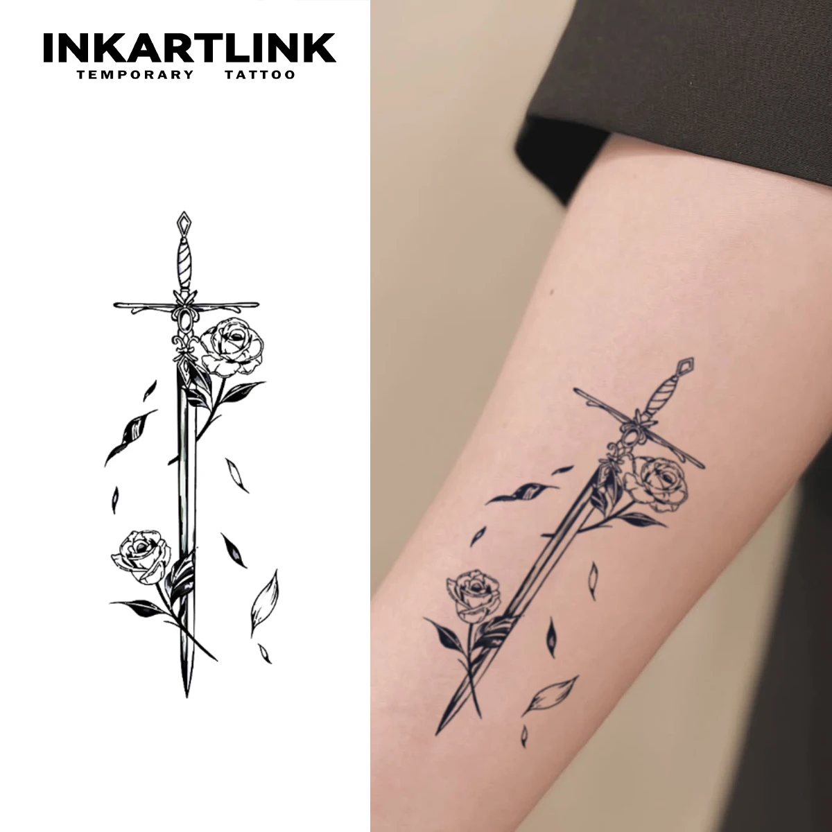 

INKARTLINK Rose Sword Tattoo Patch 1-2 Weeks Long lasting Spiral Sword Handle Blade Wrapping Waterproof Temporary Tattoo