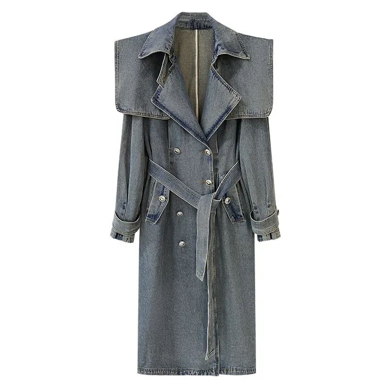 Women Fashion Denim Trench Coat Denim Coat Spring Autumn Winter Double Breasted Lace Up Loose Long Fitted Jean Coat