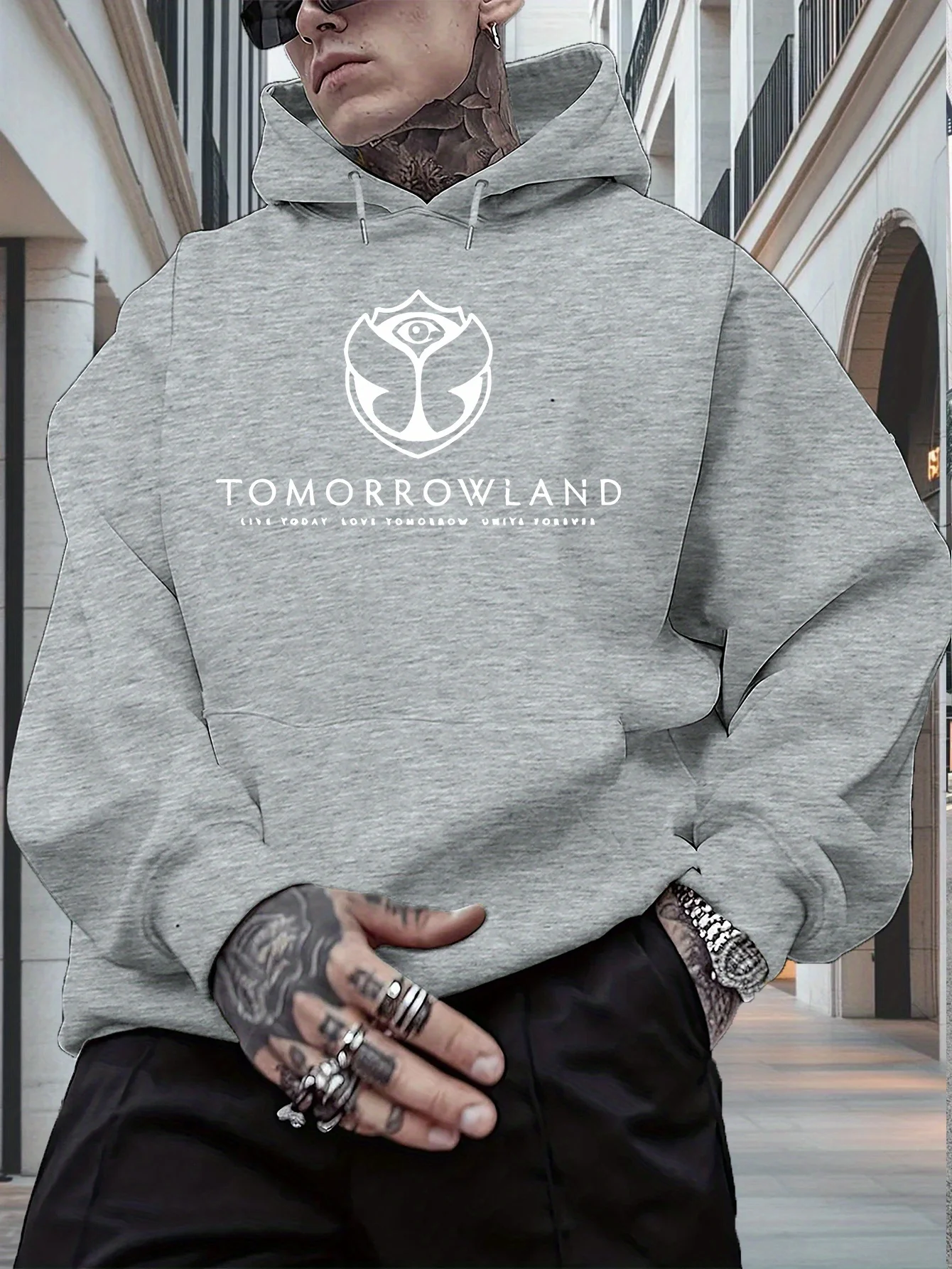 هوديي رجالي برسومات "TOMORWLAND" - بلوفر كاجوال بأكمام طويلة مناسب للخريف/الشتاء ملابس غير رسمية بقلنسوة