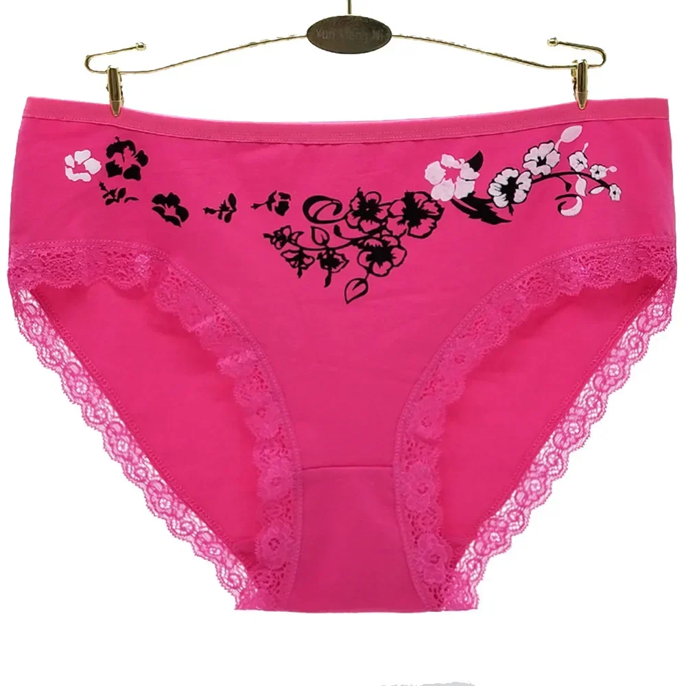 Plus Size Underwear Women Sexy Lace Briefs Print Panties Cotton Crotch Mid-Rise Lingerie 2XL-4XL 6 Pcs/lot