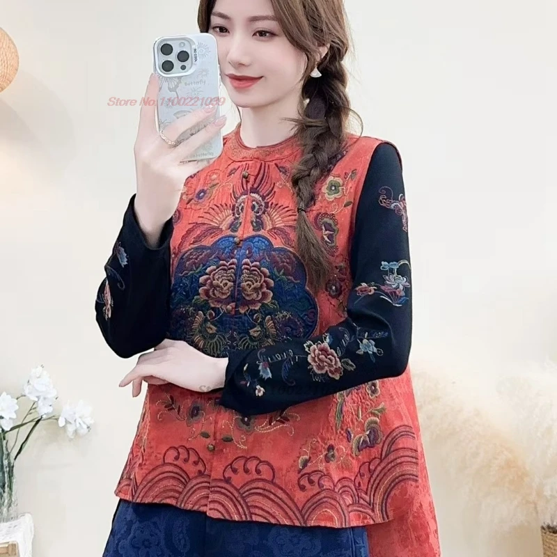 2025 rompi vintage jacquard satin bordir bunga nasional rompi rakyat leher-o Tiongkok atasan hanfu oriental jaket tanpa lengan retro