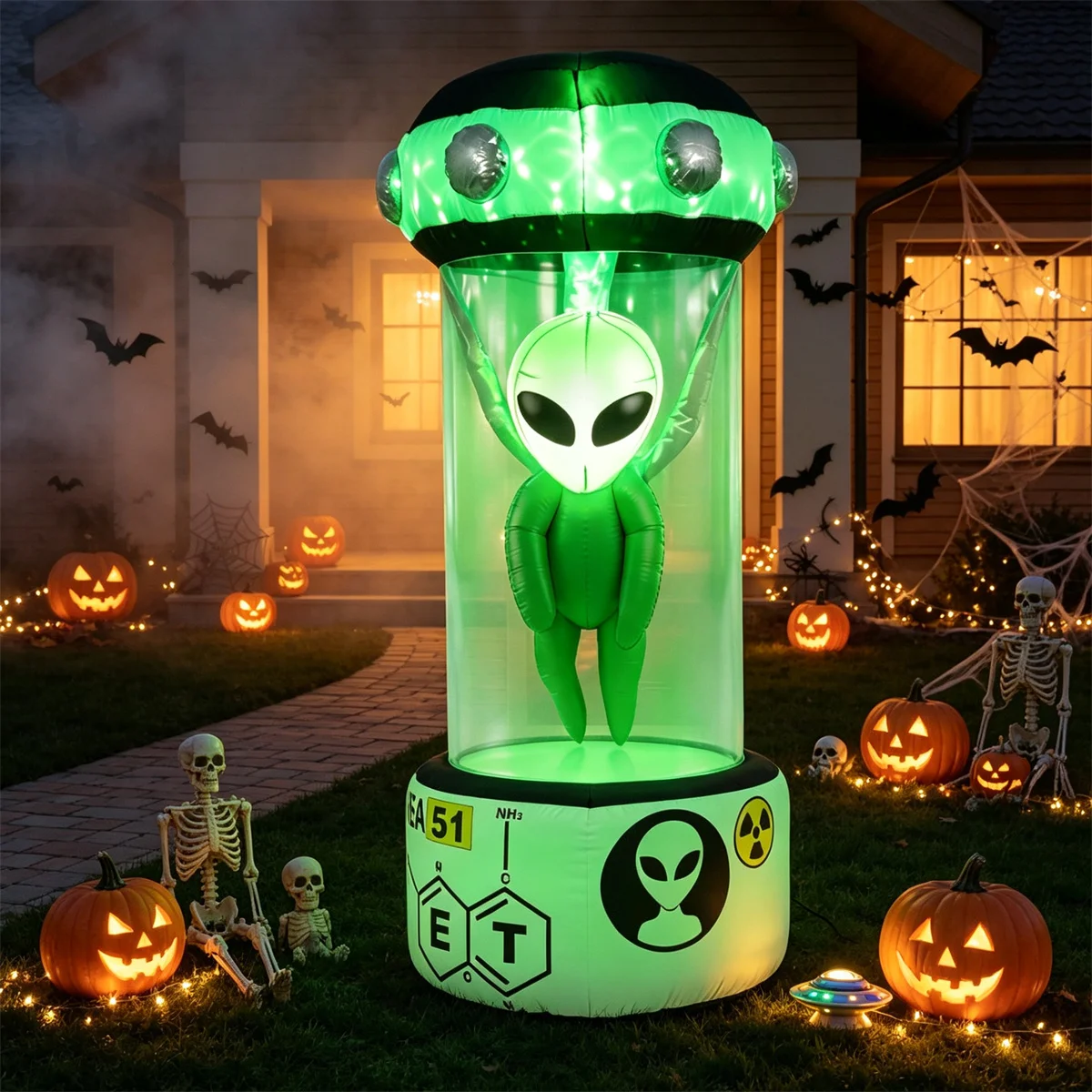 7.4ft Halloween Inflatable Alien in Stasis Pod, Sci-Fi Horror Area 51 Decor with Green Disco Light, Self-Inflating Blow Up Outdoor Yard Display