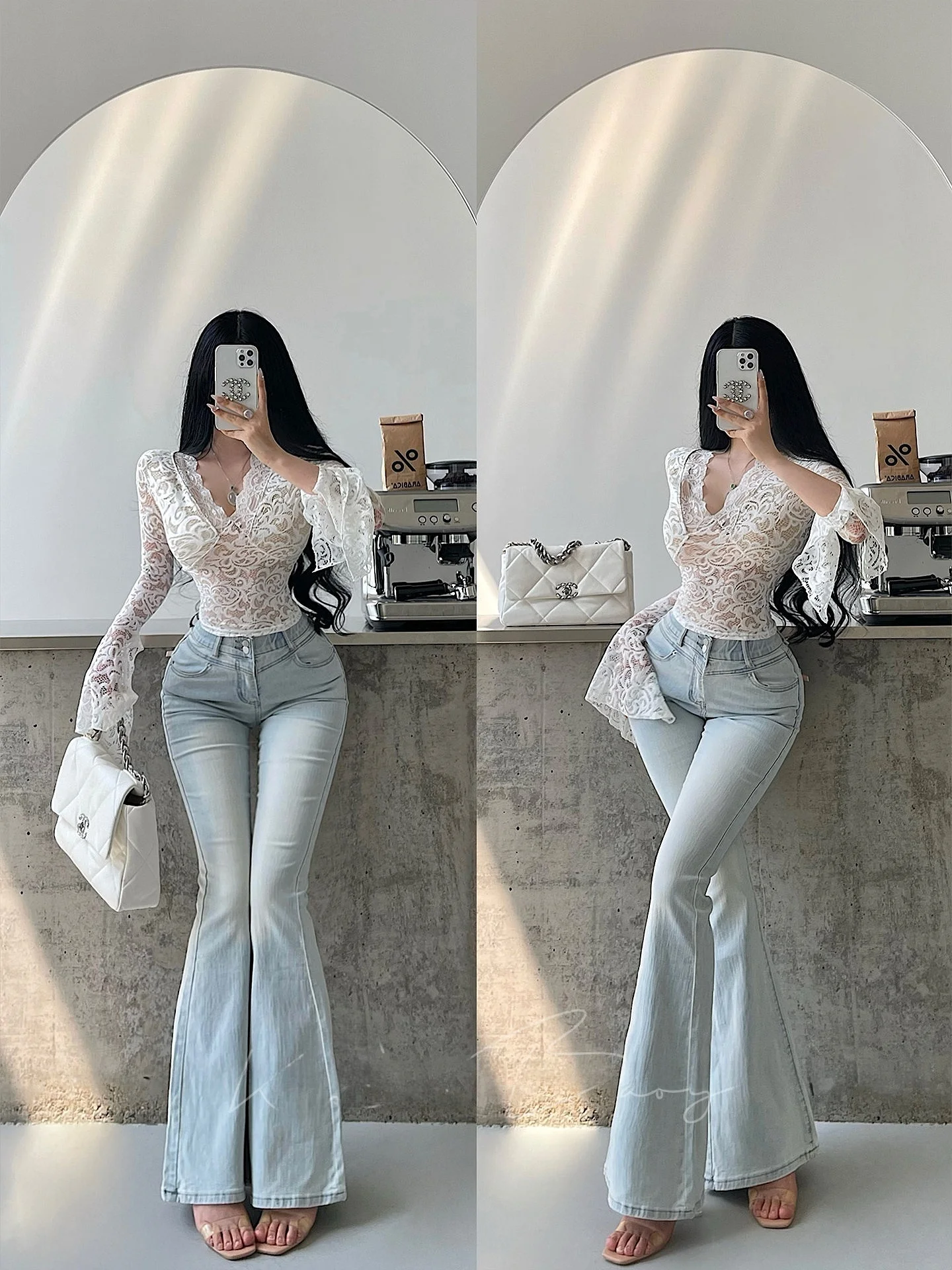 

Korean Sle High Waist Bell Bot Jeans with Ba ket Bow Tie Long Leg Lengthening Floor Length Pants Cotton Stretch Denim