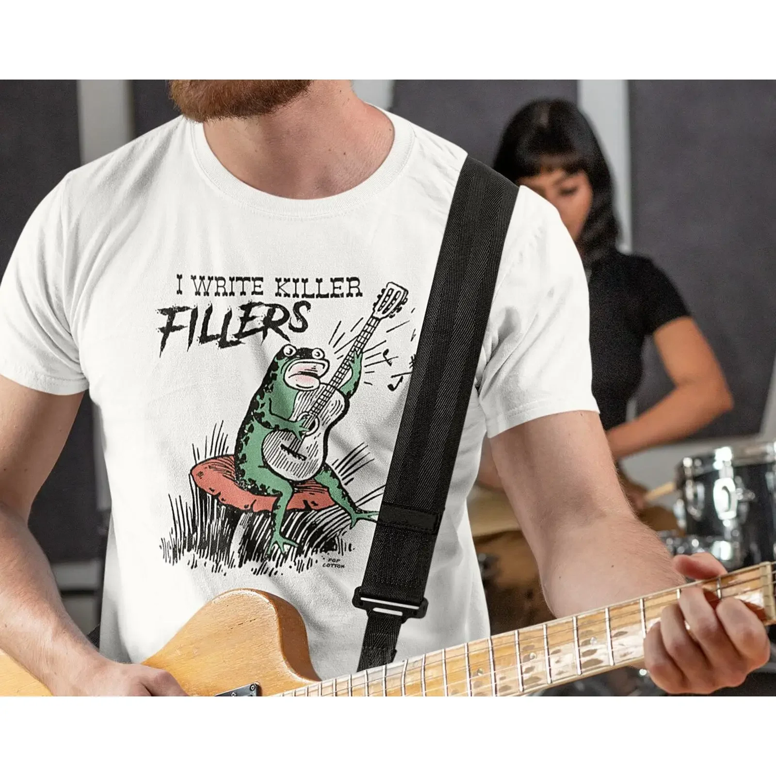 Vintage Anthropomorphic Frog Playing Guitar I Write Killer Fillers Pop Cotton T Shirt vintage Washed Stylish Soft Versatile