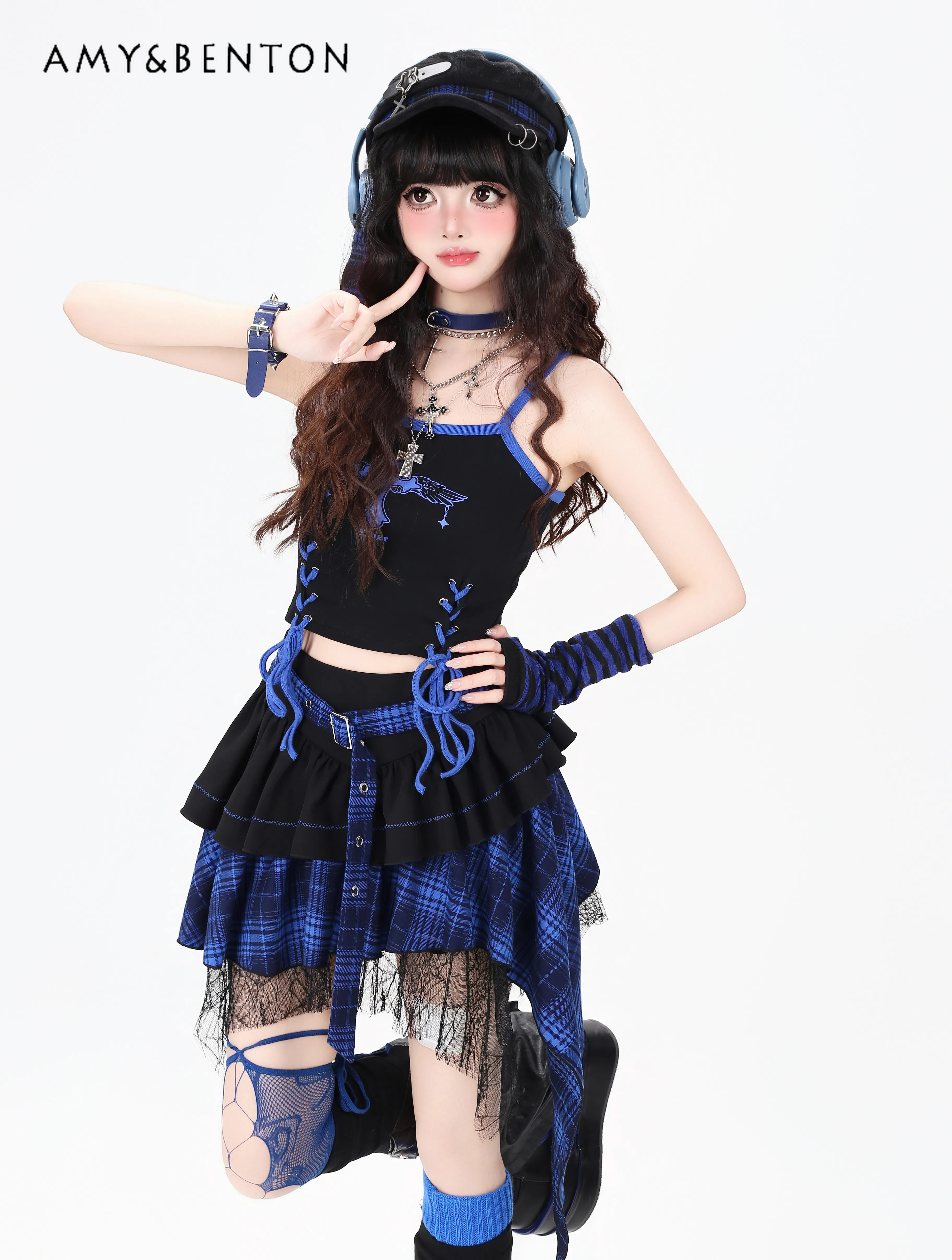 

Spice Girl Y2k Plaid Irregular High Waist Slim Skirt Women Summer Street Gothic Subculture Splicing Color Multi-layer Cake Skirt