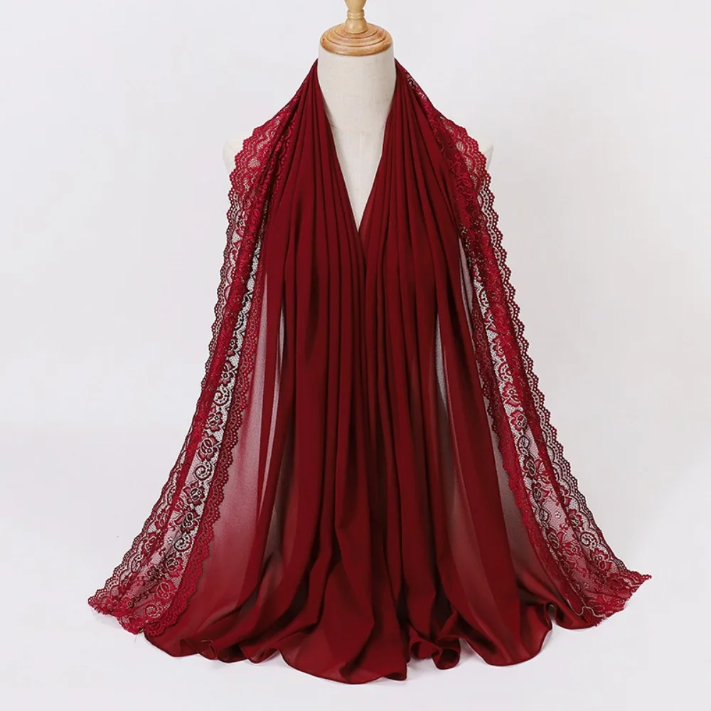 

Versatile Elegant Silk Scarf Solid Color Soft Chiffon Hijab Veil Lace Edge Breathable Headwraps Women Headwear