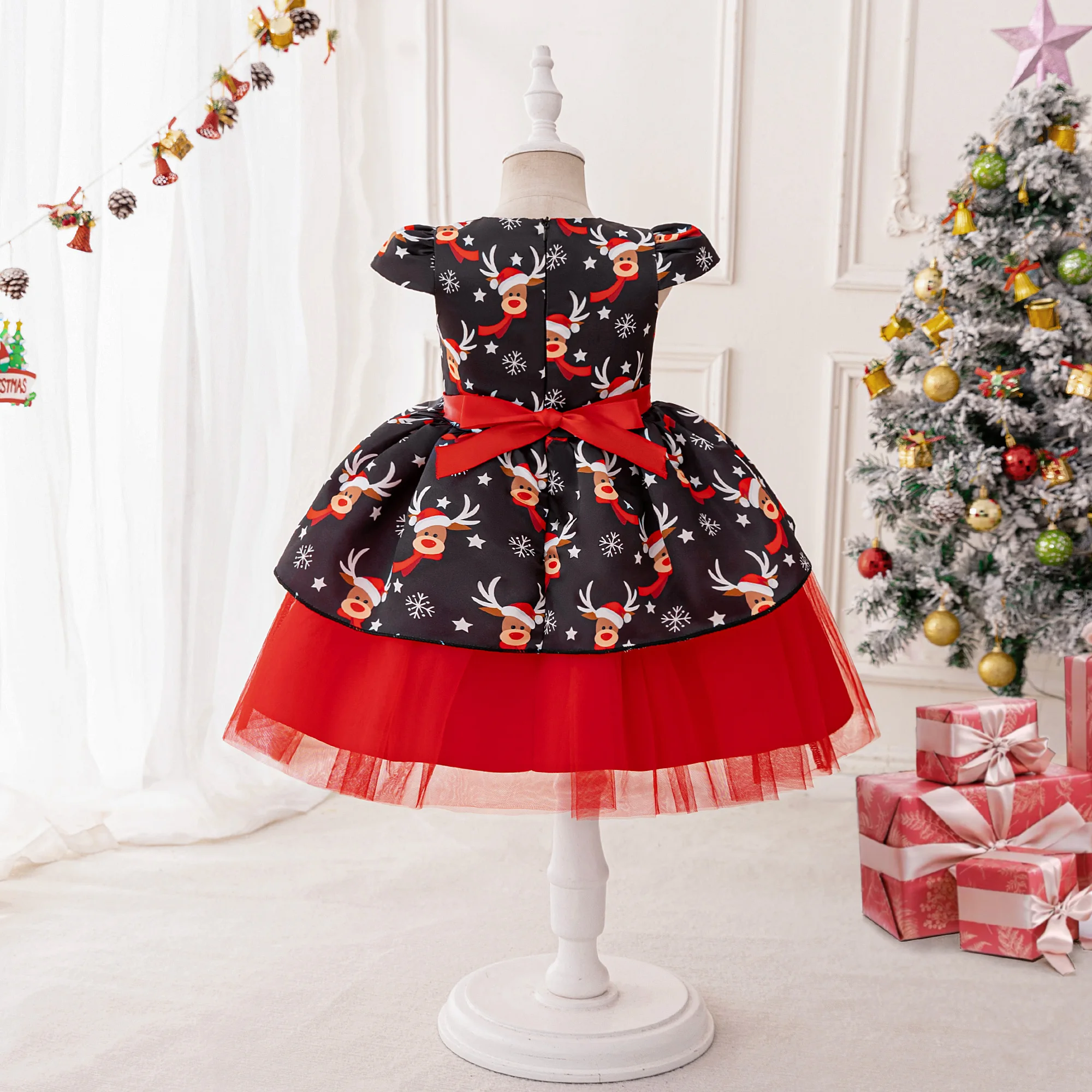 Ausgefallene rote Weihnachts-Partykleider für Mädchen, Weihnachtsmann, Milu, Hirsch, Schneemann, Schlitten, Tüll, Geburtstag, Prinzessinnenkleid, Brautjungfern-Kinderkleidung – Detail 30