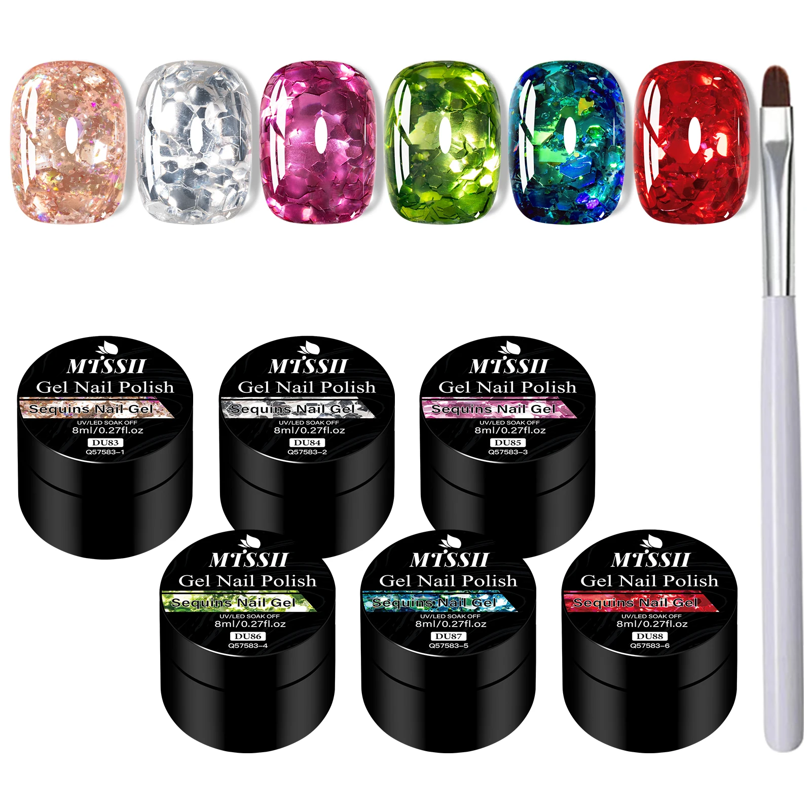 7pcs/set Gel Nail Polish With Nail Brush Sparkling Glitter Sequins UV Gel Varnish Soak Off Nail Art Decoration DIY Nail Supplies
