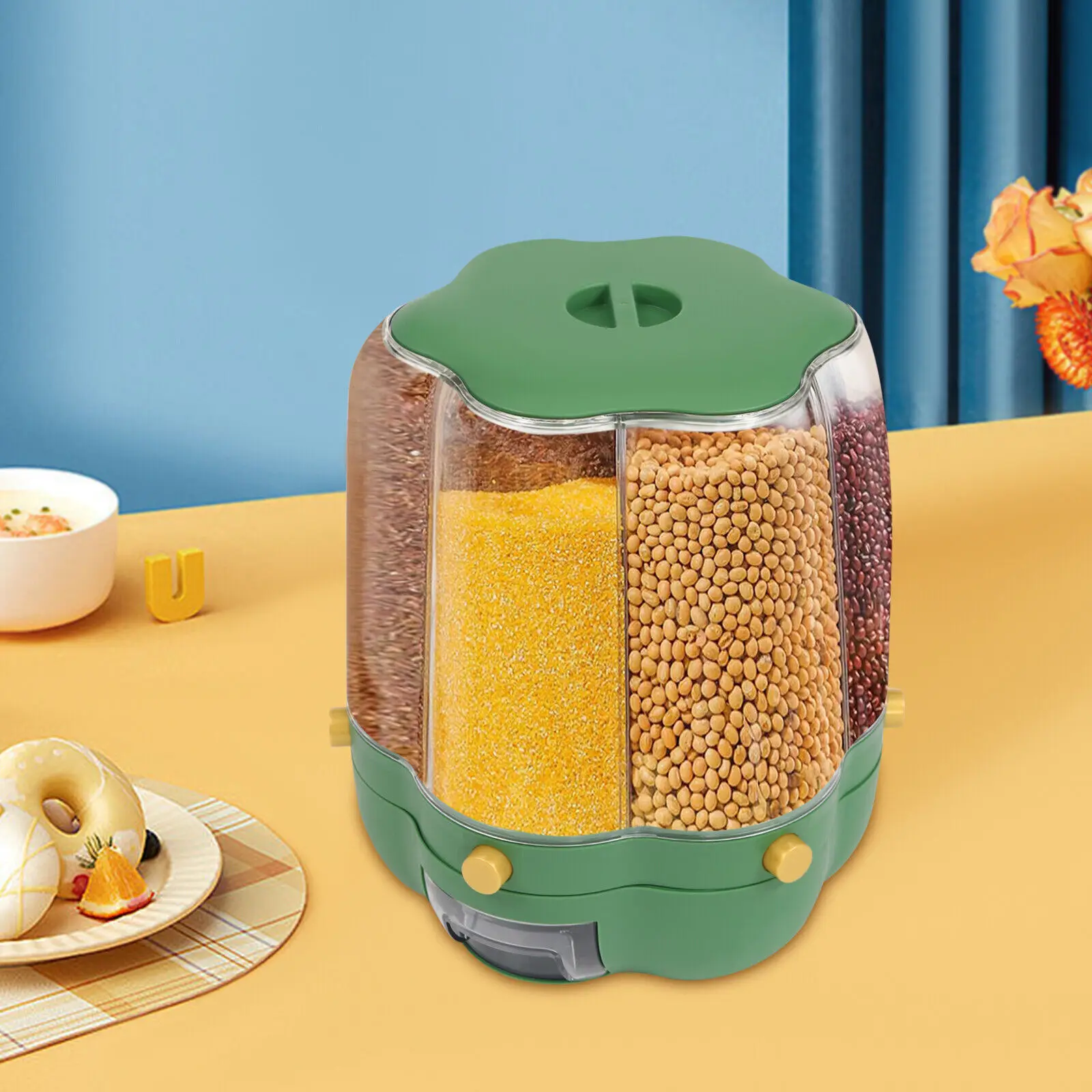 6-Grid Large Rotating Dry Food Dispenser for Grain Bean Rice Storage Container