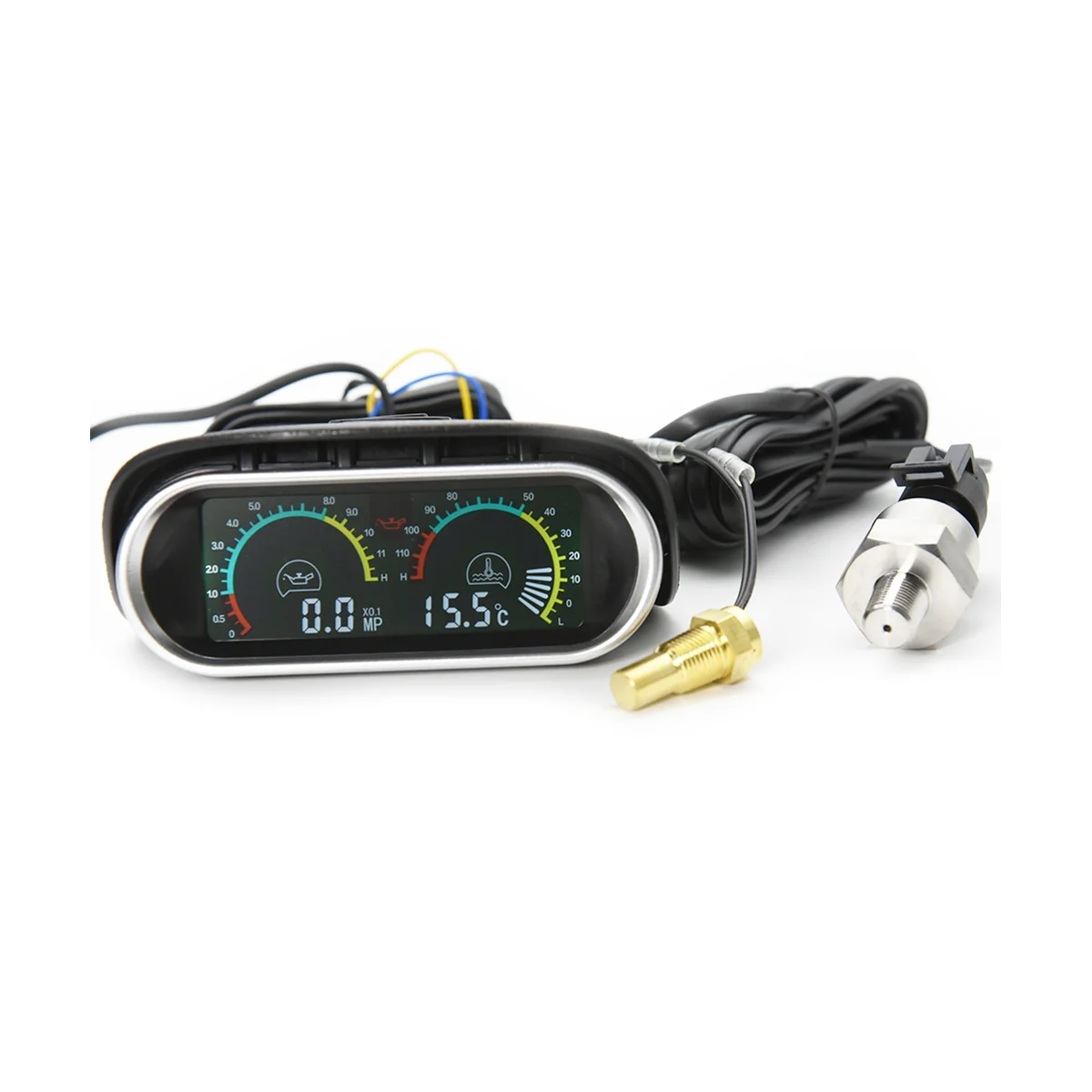 2 IN 1 LCD Universal Car Horizontal Water Temp Gauge + Oil Pressure Gauge 1/8NPT Water Temp Adapter for 10mm Sensor