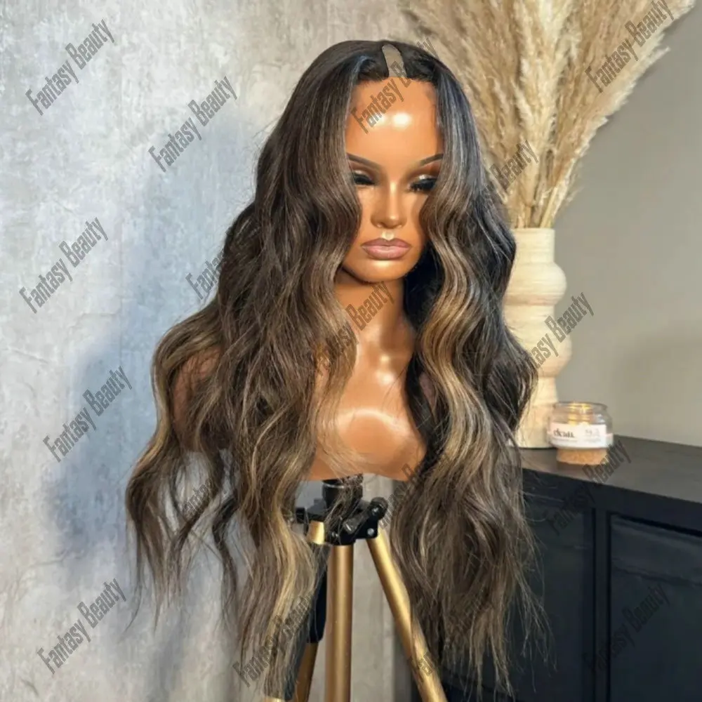 

Body Wave Highlight Brown Honey Blonde 100% Peruvian Human Hair Glueless 1x4 Size U/V Part Wig Human Hair for Women Easy Wear