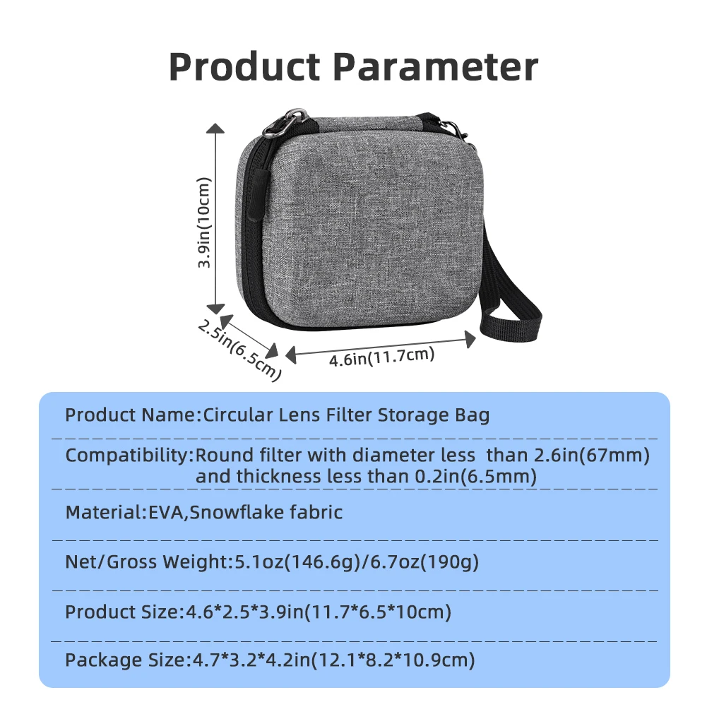 Saco Filtro para Lentes Shell Rígido, Anti-poeira com Alça de Mão, 8 Bolsos, Anti-choque, até 67mm, DJI AVATA 2, Mini 3 Pro, ND, UV, CPL